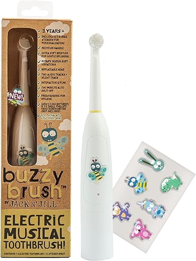 JACK N' JILL ................. SINCE 1949 - Escova de Dentes Elétrica Musical Jack N’ Jill Kids Buzzy Brush – Idade 3 e Acima, Escova de Dentes Elétrica Infantil, LED Tricolor, Resistente à Água, Segura para Crianças, Bateria