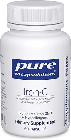 Iron-C – 15 mg Ferro – 175 mg Vitamina C – Suporte para Glóbulos Vermelhos* – Produção de Energia – Comprimido de Ferro Altamente Bioacessível – Livre de Glúten - Pure Encapsulations