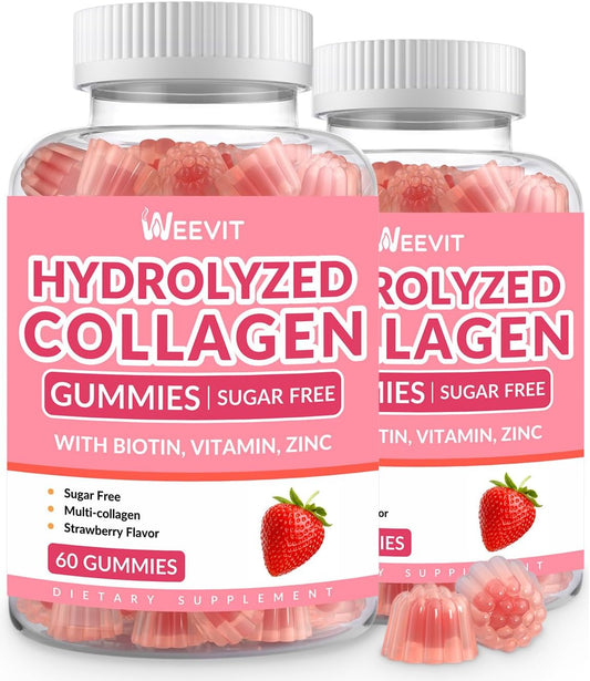 WEEVIT - Gomas de Colágeno Sem Açúcar para Mulheres, 2000mg Tipo I,II,III,V,X de Proteína com 5000mcg de Biotina Vitamina C D B12, Gomas de Peptídeos de Colágeno Hidrolisado para Imunidade Digestão Pele Cabelo