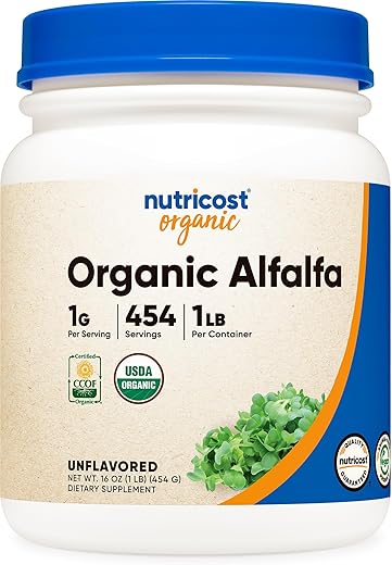 Pó de Alfafa Orgânica 454g – Certificado USDA 100% Orgânico, Vegetariano, Não-OGM, Livre de Glúten - Nutricost