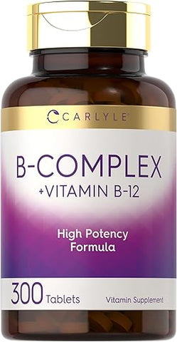 B-Complex Vitamina com B12 | 300 Comprimidos | Fórmula de Alta Potência | Suplemento Vegetariano e Não-OGM - Carlyle