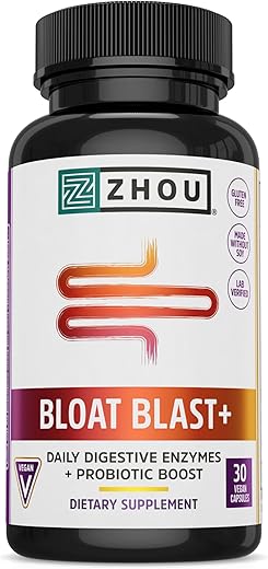 ZHOU - Zhou Nutrition Bloat Blast Enzimas Digestivas com Probióticos, Alívio de Inchaço para Mulheres e Homens, Reduz Retenção de Líquidos e Melhora a Saúde Digestiva, Vegano, Não-OGM, Sem Glúten