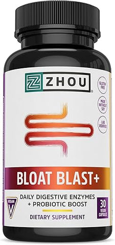 ZHOU - Zhou Nutrition Bloat Blast Enzimas Digestivas com Probióticos, Alívio de Inchaço para Mulheres e Homens, Reduz Retenção de Líquidos e Melhora a Saúde Digestiva, Vegano, Não-OGM, Sem Glúten