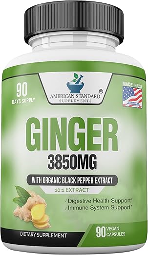 Gengibre Orgânico 3850mg por Porção com Extrato de Pimenta Preta Orgânica, Vegano, Sem Glúten, Não-OGM, 90 Cápsulas, 90 Porções - American Standard Supplements