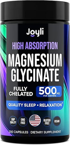 JOYLI Nutrition - Magnésio Glicinato 500MG – Sono Reparador – Alta Absorção – Extrato de Raiz de Ashwagandha – Manganês – Glicinato De Magnésio 400mg 100mg 200g