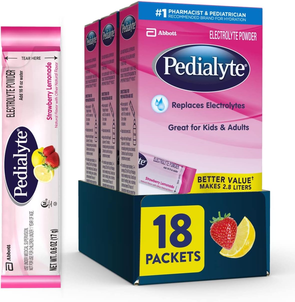 Pó para Hidratação, Sabor Morango Limonada, 18 Sachês Individuais – Embalagem Prática - Pedialyte