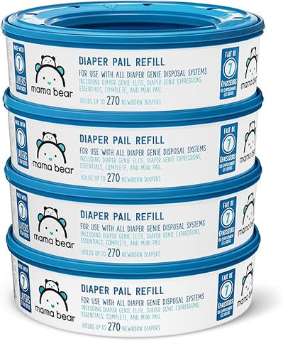 Amazon Brand – Mama Bear Recargas para Lixeira de Fraldas Diaper Genie, Sem Perfume, 1080 Unidades (4 Pacotes de 270 Unidades)