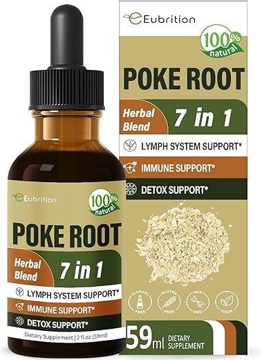 Eubrition - Gotas de Raiz de Poke para Suporte ao Sistema Linfático, Suplemento de Drenagem Linfática para Linfedema, Fórmula 7 em 1 com Extrato de Goldenseal para Suporte Imunológico, Dente-de-leão para Desintoxicação