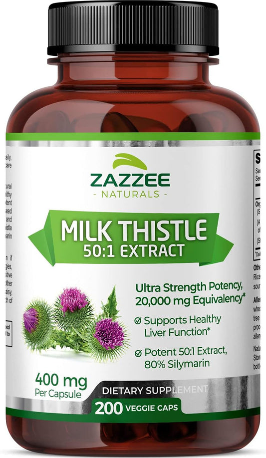 Extrato de Cardo de Leite Orgânico 50:1, 20.000 mg de Potência, 200 Cápsulas Veganas, 80% Flavonoides de Silimarina, Mais de 6 Meses de Fornecimento, Extrato Padronizado e Concentrado 50X - Zazzee