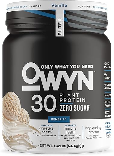 OWYN Only What You Need - OWYN Pro Elite Pó de Proteína Vegana 30g para Recuperação de Treino, Sabor Delicioso e Suave, Zero Açúcar, Baixo Carboidrato Líquido, Baunilha, 12 Porções (600g)
