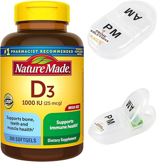Generic - Nature Made Vitamina D3 1000 UI (25 mcg), Suporte para a Saúde Imunológica, Óssea, Dental e Muscular, Suprimento de 300 Dias (300 Unidades), Kit com Estojo Compacto para Viagem de Comprimidos