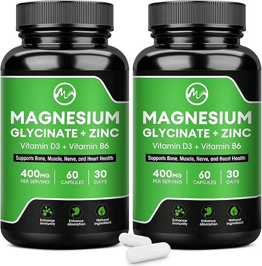 M inch - (2 Pacotes) Cápsulas de Magnésio Glicinato, Suplemento de Magnésio 400 mg com Zinco e Vitamina D3