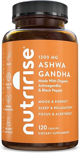 Cápsulas de Raiz de Ashwagandha Orgânica com Pimenta Preta, 1300mg, Natural Antiestresse - NutriRise