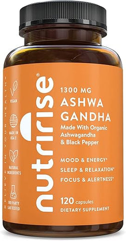 Cápsulas de Raiz de Ashwagandha Orgânica com Pimenta Preta, 1300mg, Natural Antiestresse - NutriRise