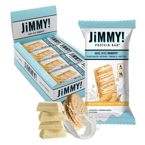 JIMMYBAR - JiMMY’S! Barras de Proteína Funcional – Baunilha Dourada Cookies and Cream – 12 Unidades | 18g Proteína Alta, Cafeína à Base de Plantas