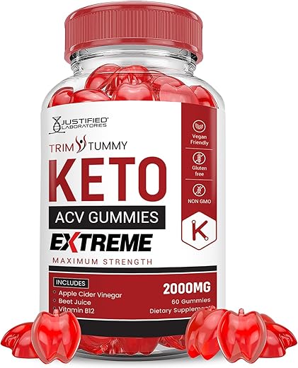 Justified Laboratories - Trim Tummy Keto Gummies Extreme 2000MG ACV – Gomas de Vinagre de Maçã com Romã e Beterraba – B12 Vegano Não GMO 60 Gomas