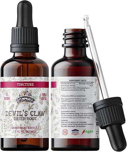 FLORIDA HERBS - Tintura de Garra do Diabo Orgânica sem Álcool (Harpagophytum Procumbens) – Extrato Herbal, Não-OGM em Glicerina Vegetal Orgânica Prensada a Frio, 700 mg, 60 ml