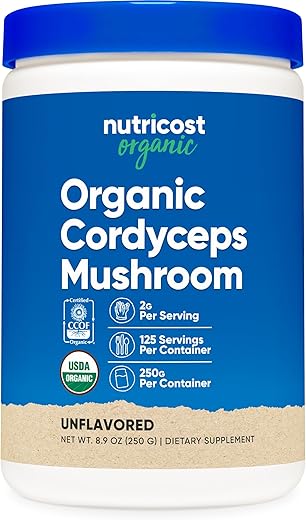 Cordyceps Orgânico em Pó 250g – Certificado Orgânico USDA, Livre de Transgênicos, Sem Glúten - Nutricost