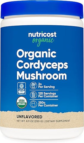 Cordyceps Orgânico em Pó 250g – Certificado Orgânico USDA, Livre de Transgênicos, Sem Glúten - Nutricost