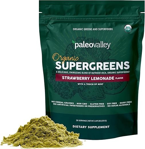 Supergreens Orgânicos – Pó de Superfood de Verdes Orgânicos para Suporte Imunológico – Mistura de Pó Verde Paleo – 28 Porções – 23 Superfoods Orgânicos – Livre de Glúten, Sem Cereais - Paleovalley