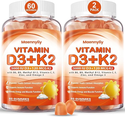 Maennyliy - Vitaminas D3 K2 Gummies para Adultos – D3 5000IU K2 (MK-7) 120mcg – Sem Açúcar – Suplementos D3 e K2 com Ômega-3, Metil B12, B9, B6, Vitamina E