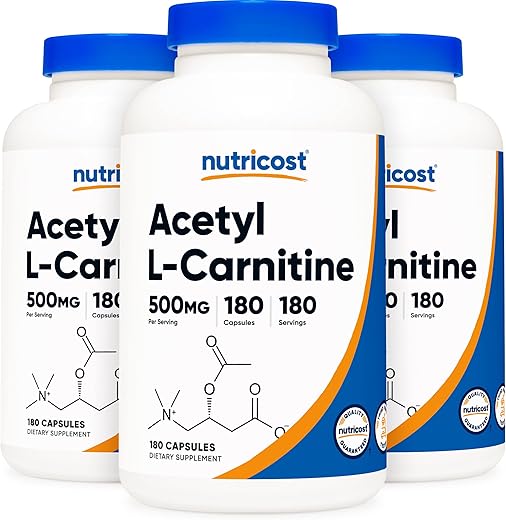 Acetyl L-Carnitine 500mg – 180 Cápsulas – Sem OGM e Sem Glúten (3 Frascos) - Nutricost