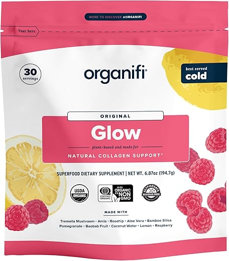Glow – Pó de Colágeno Vegano para Mulheres – Ingrediente Orgânico Saboroso para Água, 30 Porções - Organifi