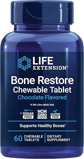 Bone Restore – Suplemento de Cálcio em Tabletes Mastigáveis para Saúde Óssea, Vitamina D, Minerais, Livre de Glúten, Não-OGM, 60 Tabletes - Life Extension