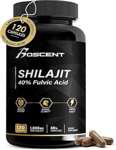 BOSCENT - Cápsulas de Shilajit Puro do Himalaia 1000mg com 40%% de Ácido Fúlvico, 58 Minerais Traços, Energia Aumentada e Suporte Imunológico para Homens