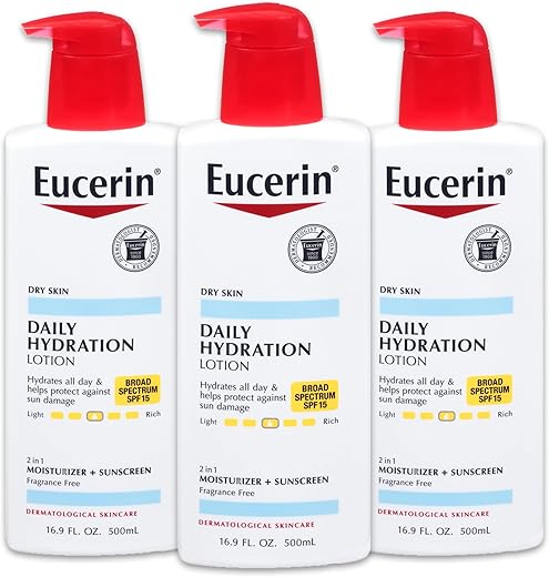 Loção Hidratante Diária com FPS 15 – Loção Corporal de Amplo Espectro para Pele Seca – Frasco de 500 ml (Pack com 3 unidades) - Eucerin