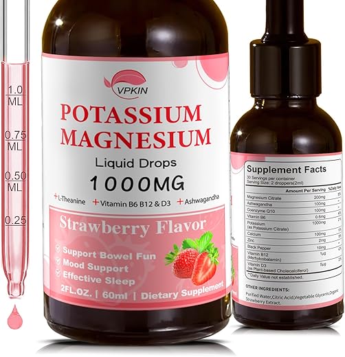 VPKIN - Suplemento de Citrato de Potássio e Magnésio, Gotas Líquidas de Magnésio com Glicinato de Magnésio 1000mg, Ashwagandha e Zinco, Suporte Calmo – Marca em Destaque