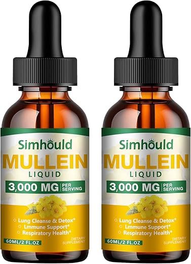 Simhould - 2 Pack Tintura de Mullein – 3000mg Extrato de Folha de Mullein Orgânico para Desintoxicação Pulmonar e Saúde Respiratória, Suplemento Natural, Suporte Digestivo e Impulsionador Imunológico, Marca X