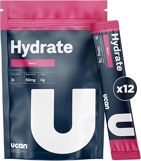 Hydrate Pacotes, Berry, 12 Unidades (36g), Keto, Reposição de Eletrólitos sem Açúcar para Homens e Mulheres, Não-OGM, Vegano, Sem Glúten, Ideal para Corredores e frequentadores de academia - UCAN