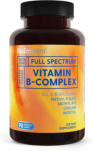 Complexo de Vitaminas B – Todas as 8 Formas Ativas com Metilfolato, Metil B12, B6, Biotina Mais Colina Inositol, Suporta Energia, Metabolismo, Saúde Cerebral e Cardíaca – Vitaminas B - BioEmblem