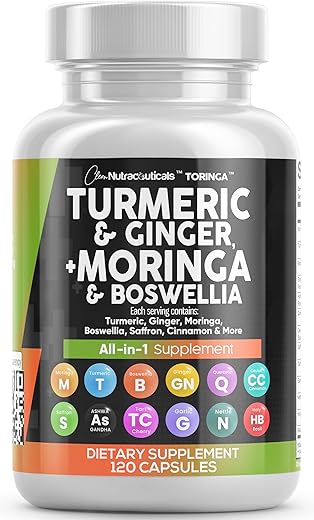 Clean Nutraceuticals - Turmeric Curcumin 30000mg Ginger 3000mg Moringa 50000mg Boswellia 3000mg Saffron 2000mg – Suporte Articular para Mulheres e Homens com Canela do Ceilão, Quercetina, Cereja Azeda