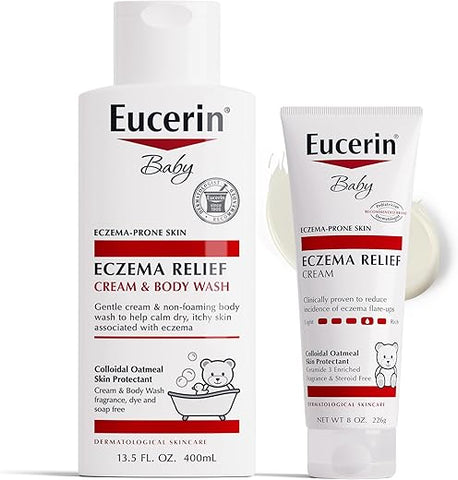 Conjunto de Cuidados para Pele Eczemática do Bebê Eucerin com Aveia Coloidal (Protetor da Pele), Sem Fragrância, Creme Alívio para Eczema do Bebê e Sabonete Líquido, Frasco de 400 ml