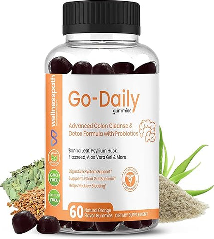 WELLNESSPATH RX & HEALTH SOLUTIONS - Go-Daily Gummies Avançado para Limpeza e Desintoxicação do Cólon, Probióticos para Saúde Intestinal Ótima, Laxantes para Alívio de Constipação e Inchaço, 60 Gummies – Wellnesspath Rx e Saúde