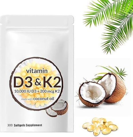Generic - Vitamina D3 K2 10000 UI, Suplemento 2 em 1 Softgel, Auxilia na Absorção de Cálcio, Fácil de Engolir (300 Unidades)