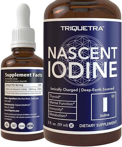 Triquetra Health - Nascent Iodine 400 Servings – Frasco de Vidro, Vegano, 1800 mcg – 600 mcg por Gota – Puro, Cor Transparente – Suporta a Saúde da Tireoide, Energia, Imunidade