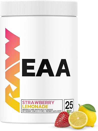 EAA Aminoácidos em Pó, Morango Limonada (25 Porções) – Energético Pré-Treino em Pó para Força, Resistência e Recuperação - RAW