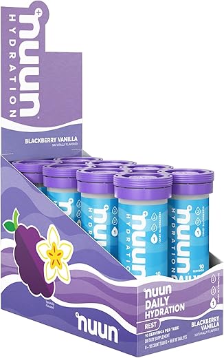 Hydration Rest: Tabletes de Eletrólitos para Descanso e Recuperação, Citrato de Magnésio, Sabor Amora Baunilha, 8 Pacotes (80 Porções) - Nuun