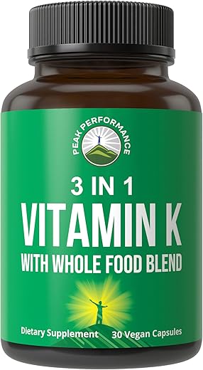 Peak Performance - Vitamina K com Mistura de 25 Vegetais e Frutas para Máxima Absorção. Cápsulas Veganas de Suplemento. Vitaminas K1, K-2 MK4 K2 Natto MK7. Alternativa a Gotas, Gomas