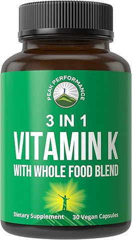 Peak Performance - Vitamina K com Mistura de 25 Vegetais e Frutas para Máxima Absorção. Cápsulas Veganas de Suplemento. Vitaminas K1, K-2 MK4 K2 Natto MK7. Alternativa a Gotas, Gomas