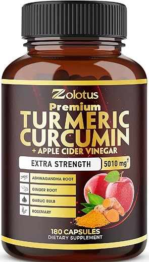 Zolotus - 7 em 1 Cápsulas Premium de Cúrcuma Curcumina Vinagre de Maçã, Equivalente a 5010mg, Suprimento de 6 Meses com Ashwagandha, Gengibre, Alho, 95%% Curcuminoides Padronizados