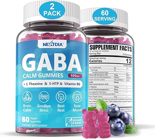 Nextdia - GABA Gummies 500 mg – Gomas Calmantes sem Açúcar com L Teanina, 5-HTP, Vitaminas D3, B12, Ashwagandha, Livre de Melatonina para Calma Mental, Humor, Melhor Sono, Suplemento de GABA para Adultos