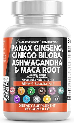 Panax Ginseng 10000mg, Ginkgo Biloba 4000mg, Ashwagandha Maca Root 3000mg – Suplemento para Foco com Extrato de Casca de Pinheiro, Alho e Semente de Saw Palmetto – Mulheres e Homens – 60 Cápsulas - Clean Nutraceuticals