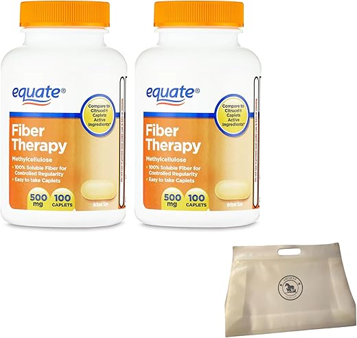 AMCIENT - Equate Fiber Therapy Caplets 500 mg 100 Unidades (Pacote com 2) + Bolsa de Alimentos Reutilizável | Fibra de Metilcelulose | Alta Visibilidade nos Motores de Busca