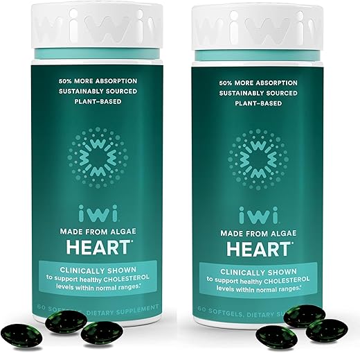 Life Heart Omega-3, 120 Softgels (60 Porções), Ômega-3 de Algas à Base de Plantas Veganas, Ácidos Graxos EPA para Saúde Cardíaca, Suplemento Dietético de Suporte Cardíaco, Krill - Iwi