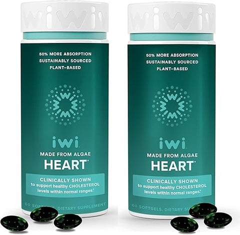 Life Heart Omega-3, 120 Softgels (60 Porções), Ômega-3 de Algas à Base de Plantas Veganas, Ácidos Graxos EPA para Saúde Cardíaca, Suplemento Dietético de Suporte Cardíaco, Krill - Iwi