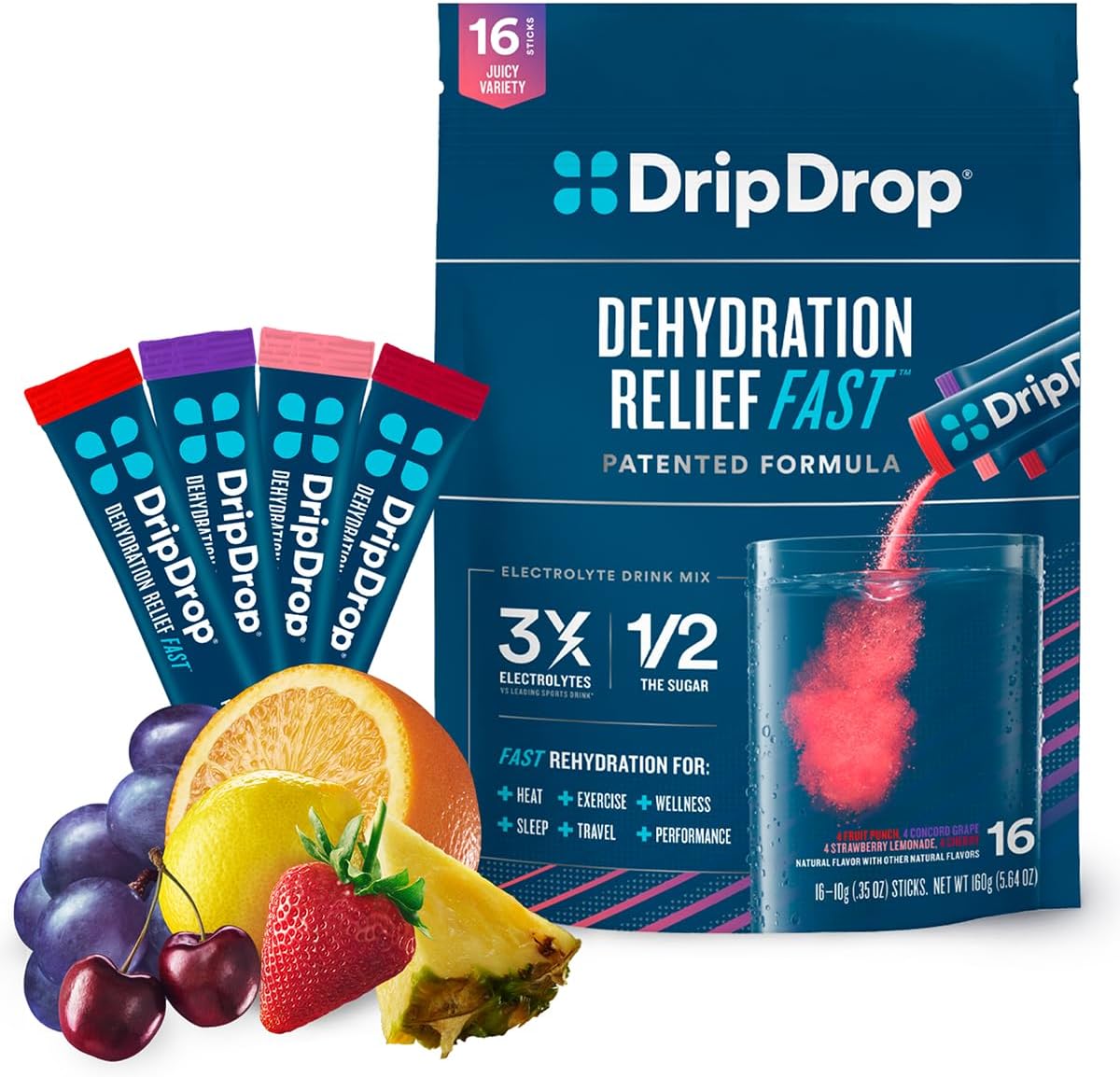 Hydration – Pack Variado de Hidratação Suculenta – Sachês de Pó para Bebida Eletrolítica – Uva, Ponche de Frutas, Limonada de Morango, Cereja – 16 Porções - DripDrop